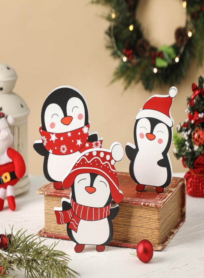NEWLIGHTURE Christmas Penguin Decor Set of 3 Wooden Penguins Winter Tiered Tray Decor Cute Penguin Blocks Xmas Table Decoration for Tiered Trays, Shelf, Door, Office Holiday Party - Image 4